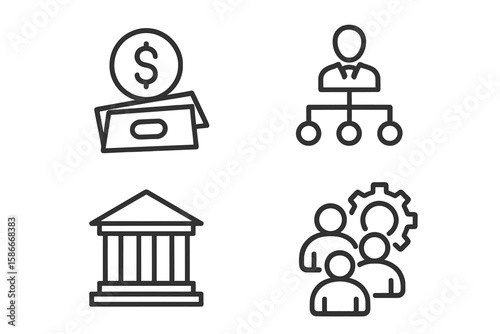 Business and Finance Set of 4 Line Icons: Money, Payment, Banking, Teamwork Process, Office Management, Business Structure, Financial Strategy, Organization Concept