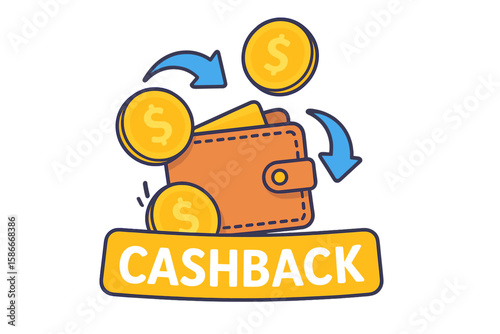 Cashback Service Saving Money Concept, Wallet with Coins, Refund Label, Online Cashback Promotion, Cash Economy, Reward Program, Shopping Bonus, Money Management Vector Illustration