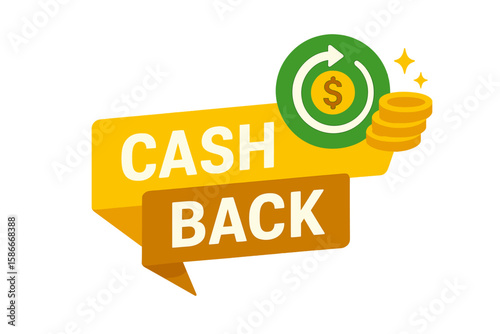 Cashback Rewards Banner, Money Refund Service, Save Money Promotion Icon, Cash Discount Label, Earning Savings Concept, Coins Dollar Symbol, Vector Graphic Isolated Transparent Background
