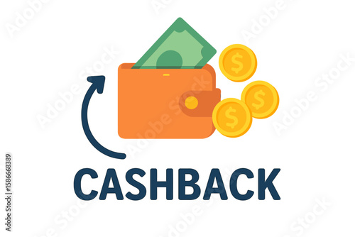Cashback Service, Money Saving Concept, Wallet with Coins and Dollar Bill, Economy Refund Icon, Online Cashback Program, Shopping Rewards, Financial Savings, Cash Return Finance Vector