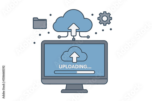 Cloud Computing Uploading Process on Computer Screen, Cloud Data Storage, Backup and File Transfer, Cloud Network Service, Digital File Upload, Remote Hosting, Secure Data Transfer Vector Illustration