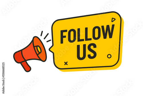 Follow us banner with megaphone. Loudspeaker in speech bubble for social media marketing and advertising. Promotion concept for blog and business. Subscribe for new content.