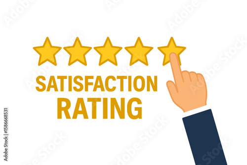 Five gold star rating for customer satisfaction. Hand leaves positive review for excellent quality service. Online feedback, rate us and business reputation vector concept.