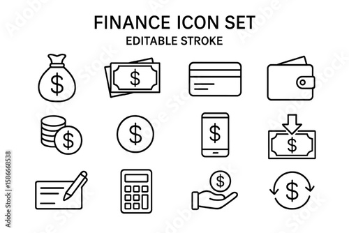 Finance icon set with editable stroke. Money and payment thin line icon collection. Vector illustration of banking, investment, cash, coin, credit card and wallet symbols.