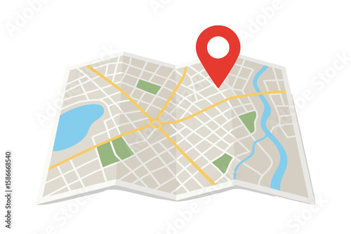 Folded paper city map with red pin. GPS navigation and geolocation concept. Finding a destination, address or location. Travel guide with route, point marker and track.