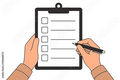 Hands holding clipboard with pen. Writing on a checklist, to-do list, or survey form. Signing document concept. Man filling out tasks. Business organization and planning vector.