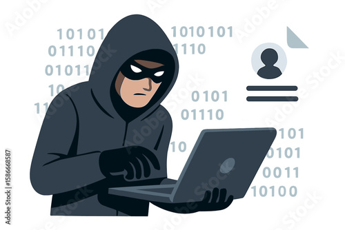 Hacker attack and web security metaphor. Cyber criminal with laptop stealing user personal data. Internet phishing, fraud and identity theft concept. Privacy data protection.