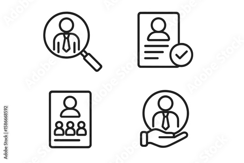 Headhunting icon set. Recruitment, career, job hiring concepts. Candidate search, resume, HR business symbols for web, mobile app. Staffing, employment, personnel selection.