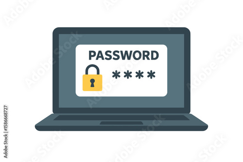 Laptop password security notification with lock icon. Secure account access, login authentication, and data protection concept. Cyber safety and user verification vector.