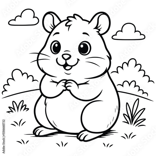 Charming Hamster Cartoon Illustration Ready for Coloring Fun, A Cute and Playful Hamster in a Natural Setting Perfect for Kids' Activities
