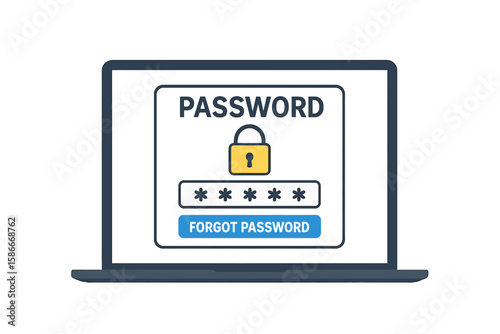 Laptop screen with password login form and lock icon. User authentication and secure access concept. Cybersecurity and data protection vector illustration for web design UI/UX.