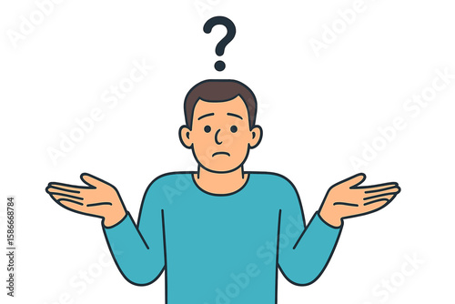 Confused man shrugging shoulders with question mark. Guy showing 'I don't know' gesture. Helpless facial expression. Searching for solution, problem, doubt concept vector.