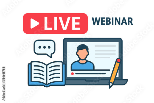 Live webinar internet event concept. Online education, training and e-learning. Video streaming, conference and seminar for business or study. Virtual broadcast vector.