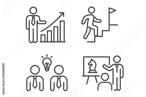 Business Success Growth Icons Set – Career Progress, Personal Development, Profit Increase, Team Strategy, Line Style Web and App Design, Modern Business People, Leadership, Corporate Goals