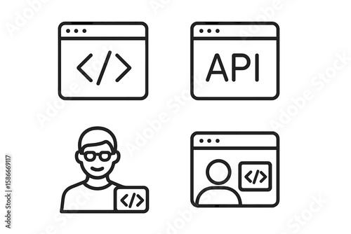 Web Development Icon Set: Programming, API, Developer Profile, Coding Interface. Editable Outline Symbols Collection. Modern Vector Illustration for Technology, Coding, Web Design Concepts
