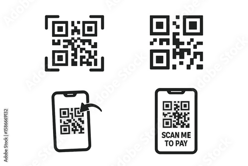 QR code payment icon set, smartphone scanning QR code for mobile payment and identity verification, scan to pay template design, website and digital transaction app illustration