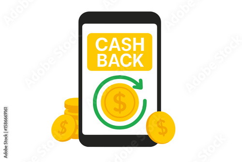 Cashback Reward Program, Money Refund Concept, Online Cashback Icon on Smartphone, Financial Savings, Mobile Shopping Partner, Economic Reward Service, Digital Payment Vector