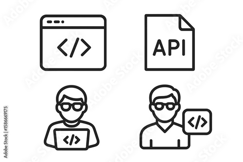 Programming and Coding Web Line Icons Set. Software Development, API, Code, Programmer, Developer, Coder, Information Technology, Web and Mobile App Vector Illustration