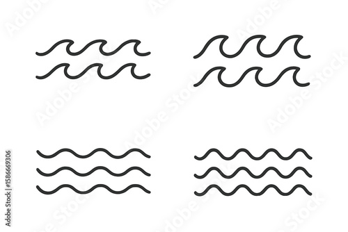 Set of 4 Minimalist Line Water Waves Icons, Sea Waves Vector Illustration, Flat Simple Ocean Wave Symbols, Water Logo Design, Ocean Line Art, Wave Pattern Set