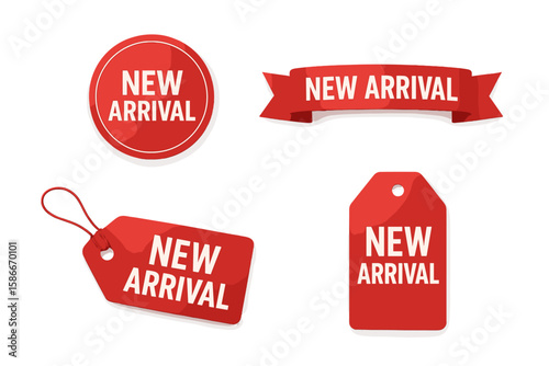 Set of 4 Red “New Arrival” Shop Labels and Tags — Badge, Banner, Ribbon, and Sale Tag Designs for Retail Promotions, New Products, Discounts, Collections, Seasonal Sale, Sticker Templates
