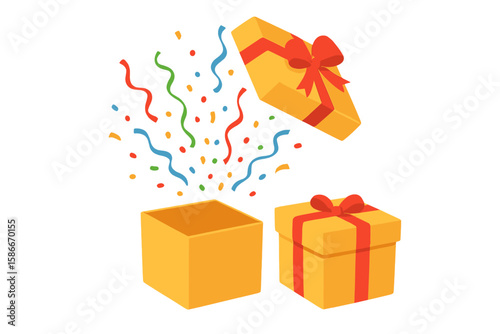 Surprise gift box bursting with bright confetti and colorful ribbons. Open paper box and closed present with red bow. Celebration, party award, reward, festive packaging, cheerful surprise concept