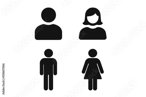 Male and Female Icon Set, User Avatar, Man Woman Toilet Sign, Gender Symbol, Boy Girl Pictogram, Simple Vector Icons, Silhouette People Symbol Illustration, Minimalist Black Isolated Collection