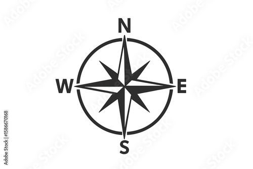 Minimalist Vector Compass Rose, Simple Flat Nautical Symbol, Marine Navigation Icon, Directional Wind Rose with North, East, South, West Markers, Isolated, Transparent Background