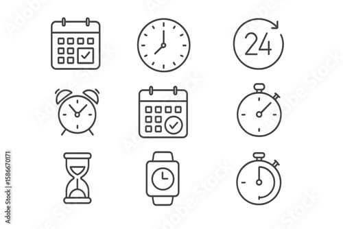 Thin Line Time and Clock Icons Set. Time Management, Calendar, Analog and Digital Clocks, Alarm, Stopwatch, Hourglass, Deadline, Date, Timer, 24-Hour Service, Smartwatch