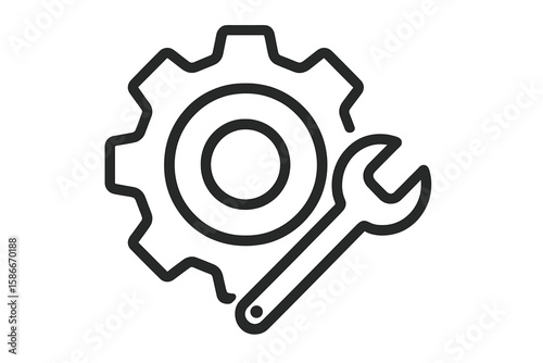 Timer and Stopwatch Vector Icon Set. Gear and Wrench Linear Symbol. Time Management, Countdown, Deadline, Punctuality, Optimization, Efficiency Concept. Flat Line Illustration
