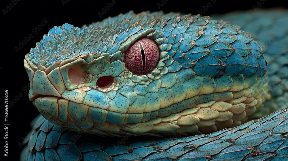 Fototapeta premium Chic blue viper striking with tongue on branch