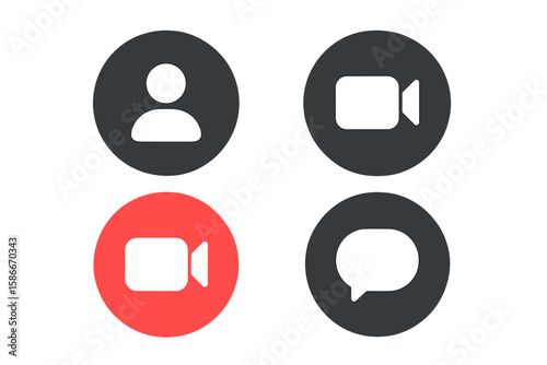 Modern Video Call and Communication Icons Collection—Flat Vector Set Featuring User Profile, Video Camera, Live Recording, and Chat Symbols for Web, Apps, UI, Messaging, Remote Work, and Social Media