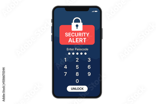 Smartphone Security Alert Lock Screen—Passcode Entry Panel, Data Protection, Cyber Security Warning, Secure Mobile Device Access, Password Authentication, Digital Safety Concept