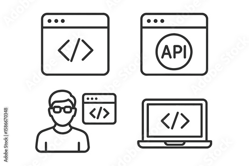 Web Development and Programming Line Icons Set — Coding, API, Software Developer, Computer Screen, Code Symbol, User Profile, Minimalist Outline Vector Elements for Technology and Programming Concepts