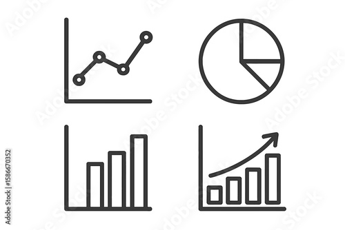 Modern Graph and Chart Icon Set – Minimalist Vector Collection, Line Art Pie Chart, Bar Graph, Line Graph, Trend Analysis Illustration, Business Data Infographic Elements