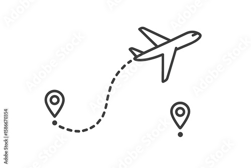 Airplane Flight Route Icon, Aircraft Path, Travel Destination Map, Airplane Location Pin, Dotted Line Trace, Vector Illustration for Air Travel, Journey, Plane Tracking, Navigation