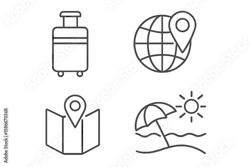 Travel and Tourism Icon Set – Suitcase, World Map Location Pin, Navigation, Beach Vacation, Holiday Journey Leisure, Global Destination, Relaxation Service, Transparent Background Vector