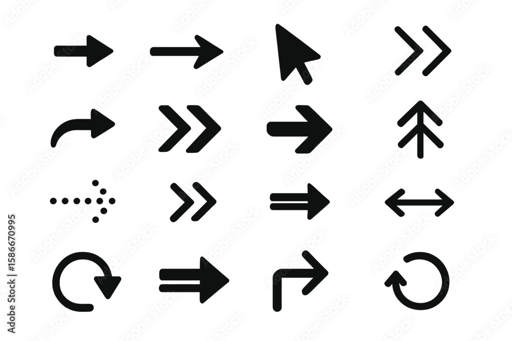 Modern Black Vector Arrow Icons Collection. Flat Directional Arrows, Cursor Symbols, Web Navigation, Interface Elements, Right, Up, Circular, Double, Dotted, Curved, Turn, Refresh, Pointer