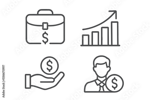 Business Finance Line Icons Collection. Briefcase, Growth Chart, Hand with Coin, and Businessman. Financial Services, Investment, Economics, Salary, Savings, ROI Concepts. Clean Outline Vector Set