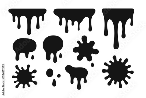 Dripping paint vector illustration with vibrant liquid stains and colorful splashes, editable liquid paint drops and artistic ink blot effects on transparent background for design projects