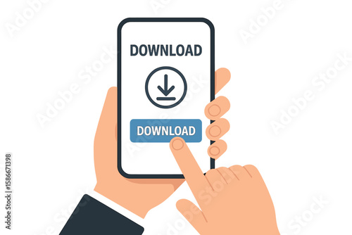 Download page of mobile app on smartphone screen with hand holding device and finger touching interface, vector illustration on transparent background, technology and digital concept