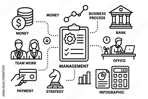 Finance and Business Concept Management Vector Illustration. Money, Banking, Teamwork, Office, Payment, Strategy, Accounting, Process Infographic Elements Icon Set