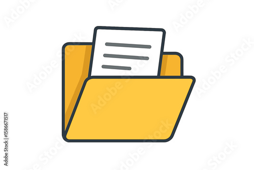 Yellow Folder Icon with Document. Open File Folder for Web Design, App, Logo, User Interface. Vector Illustration Isolated on White Background. Office Organization, Archive, Document Storage Concept.