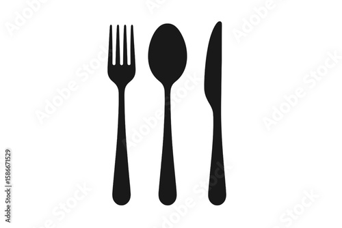 Black silhouette fork spoon knife vector set. Minimalist cutlery utensil icons. Restaurant menu food service symbols. Kitchen tools illustration isolated on white background
