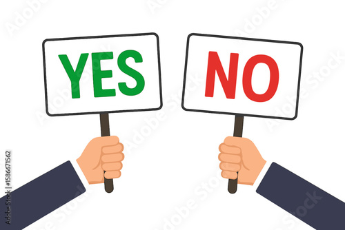 Hands Holding Yes and No Signs. Decision Choice, Voting, Agreement or Disagreement, True or False Symbols. Dispute, Dilemma, Poll Response, Selection Process, Right to Vote, Judgement Concept