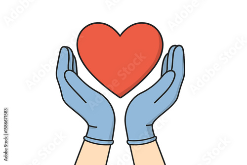 Healthcare Concept: Blue Gloved Hands Gently Holding Red Heart Symbol, Medical Donation, Organ Transplant, Love, Health Support, Compassion, Vector, Isolated Transparent Background