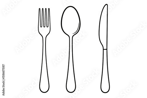 Realistic Fork, Spoon, and Knife Vector Outline Illustration. Minimalist Cutlery Set Silhouette. Tableware Flatware Design. Black Line Art on White Background for Kitchen, Restaurant, Dining Concepts