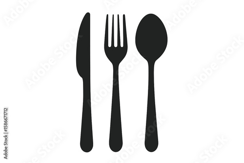 Black silhouette cutlery set vector illustration. Knife, fork, and spoon icons on white background. Minimalist kitchen utensil design. Restaurant, cafe, menu, culinary symbol.