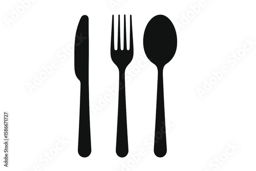 Black silhouette cutlery set vector. Knife, fork, spoon icons isolated on white background. Simple kitchen utensils flat illustration. Restaurant, cafe menu food service design concept