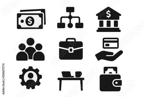 Business finance icons set for web and mobile apps. Money cash, banking, team management, office workspace, payment, briefcase, credit card, wallet, workflow process vector