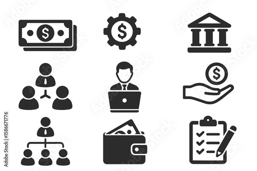 Money business finance icons set. Banking, payment, wallet, office management, teamwork structure, business process, investment, accountant, checklist. Vector illustration.